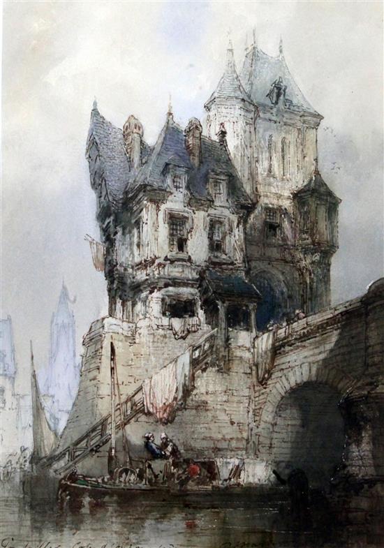 Paul Marny (1829-1914) Boatman beside a castellated tower, 18 x 12.75in.